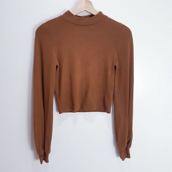 Soft Autumnal Brown Cropped Mock Neck Sweater - Picture 6 of 7